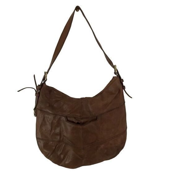 Hobo International Brand Camel Leather Shoulder Bag with Blue Floral Liner - Picture 6 of 13